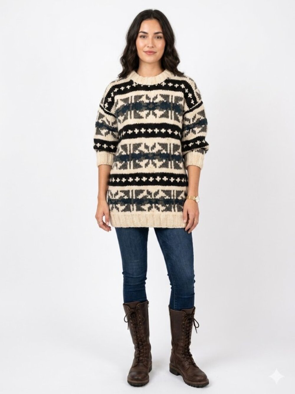 VTG Hand Knit Wool Fair Isle Sweater Chunky Oversized Nordic Coquette M L